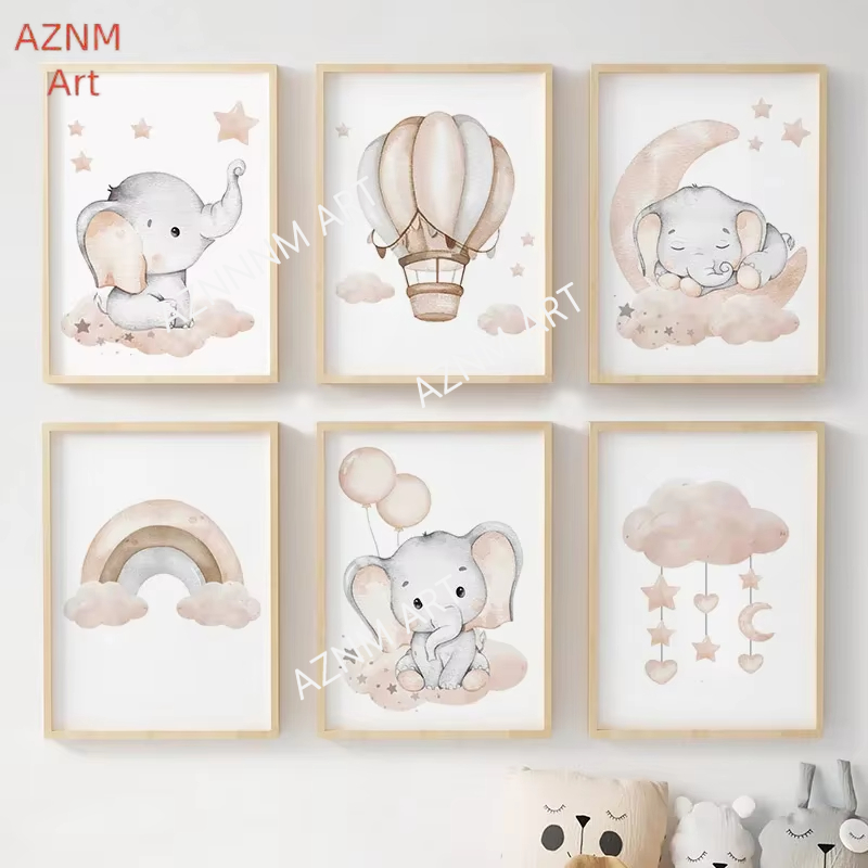 Baby Nursery Wall Decor - Постеры с изображением слона, воздушного шара,