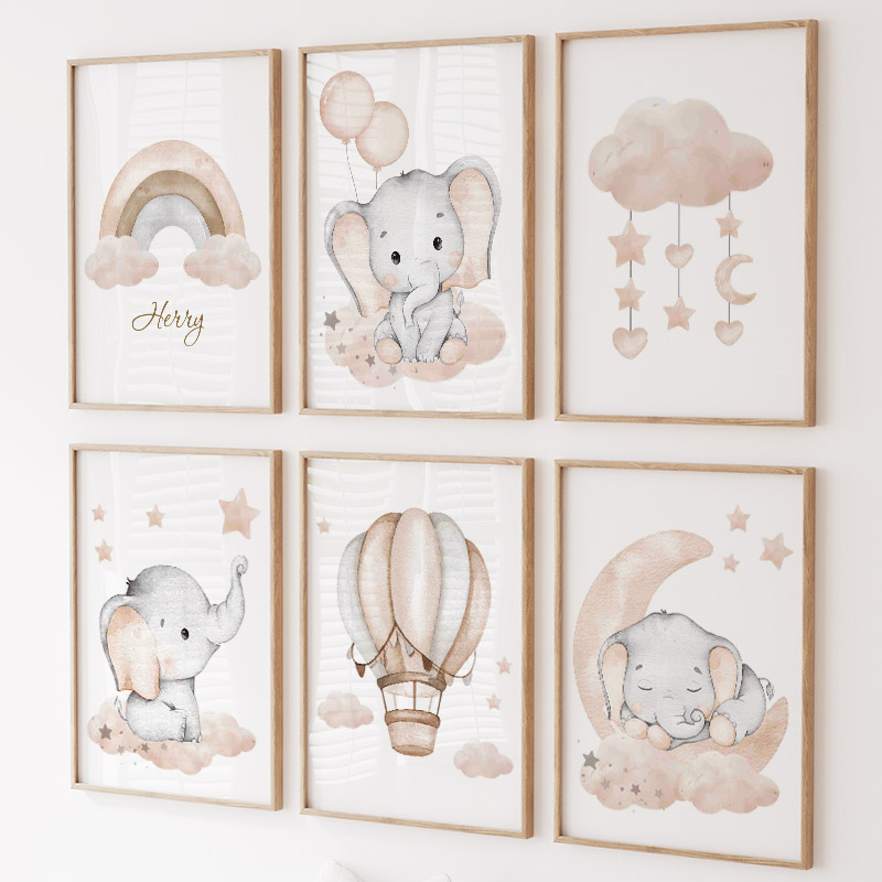 Baby Nursery Wall Decor - Милый слон, горячий воздушный шар, луна,