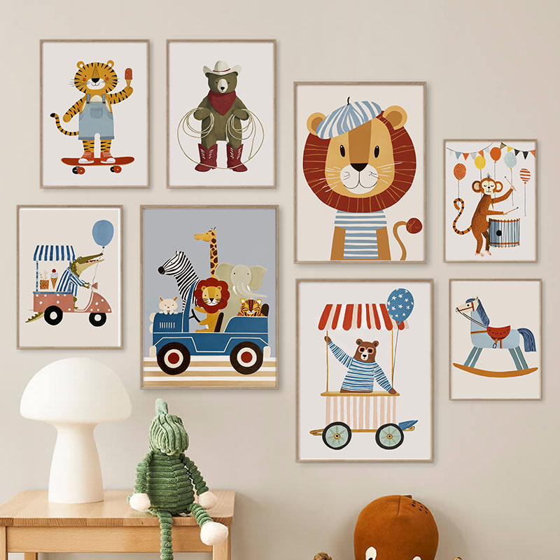 Baby Nursery Wall Decor - Забавные мультяшные животные: лев, медведь, тигр
